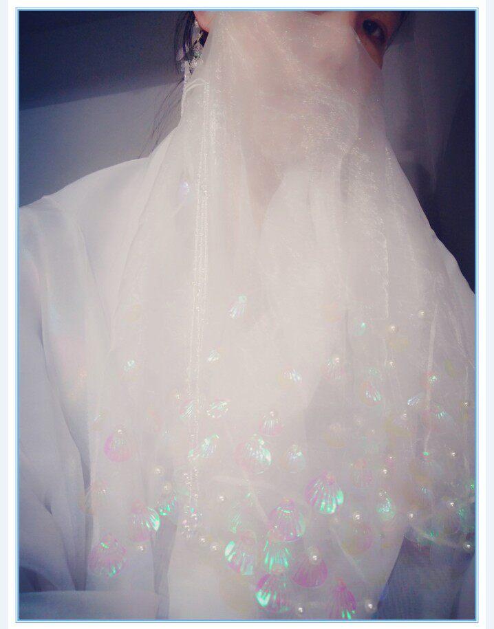 无妄 古风超薄流苏蒙面纱 古装鲛人鱼超仙龙女耳挂面帘 汉服脸饰