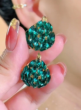 复古气质超闪蓝色水晶提篮耳环女2023新款时尚轻奢耳扣精致耳饰品