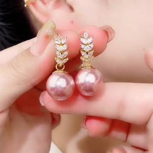 一款两戴粉色珍珠耳环女2023年新款满钻麦穗耳扣耳圈气质百搭耳饰