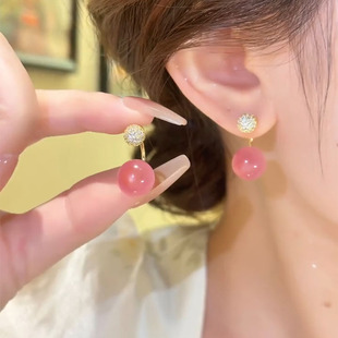 气质简约粉色猫眼石镶钻耳钉新款小众百搭高级感耳环洋气银针耳饰