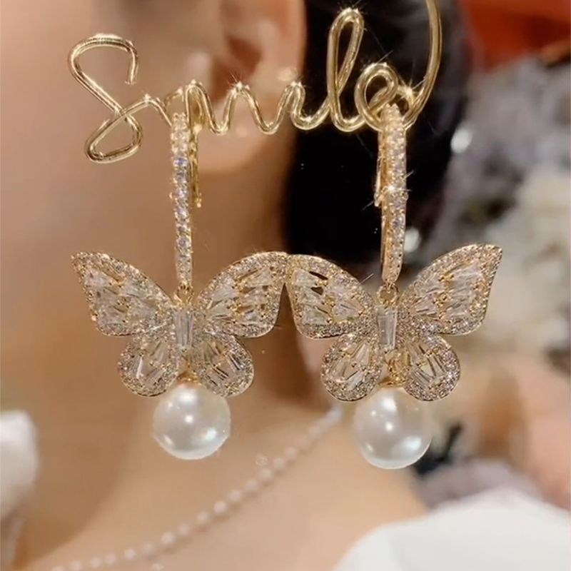 大气高级感满钻蝴蝶珍珠耳环女