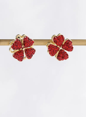 气质红色满钻旋转四叶草耳钉女时尚百搭银针耳环四叶花高级感耳饰