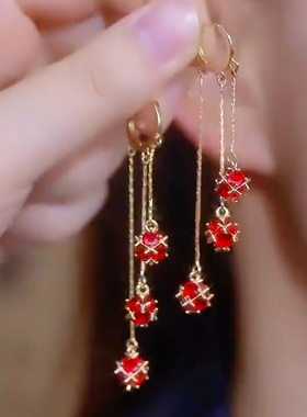 轻奢复古红色锆石球流苏耳环女长款超仙耳饰新年红色本命年耳饰品