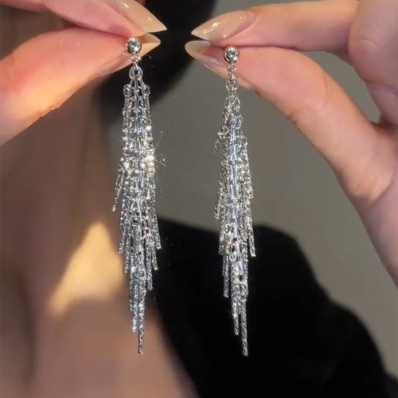 银色长款链条流苏耳环女轻奢耳钉小众设计高级感气质百搭显瘦耳饰