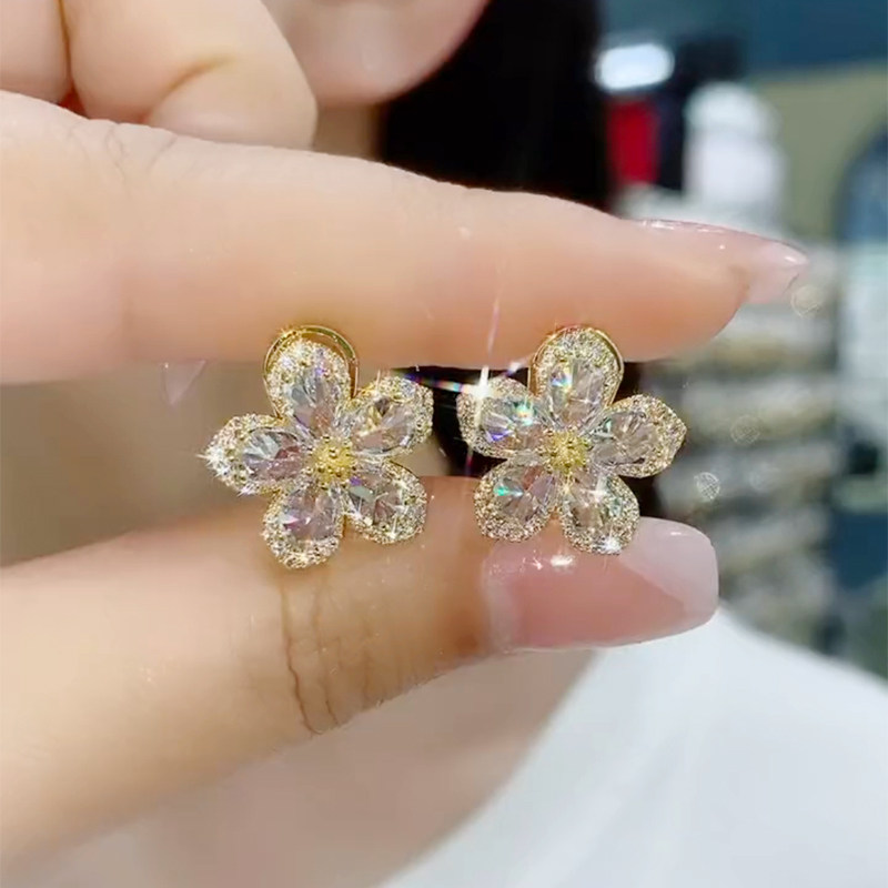 锆石花朵耳钉精致百搭水晶耳环