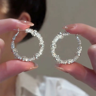 时尚高级感满天星银色圈圈耳环女轻奢夸张大圈圈耳圈百搭银针耳饰