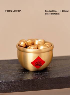 逅里「盆满富贵」黄铜聚宝盆 一桶金小摆件 八方来财招财开业装饰