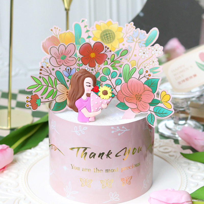 38妇女节粉色花朵围边蛋糕装饰图片
