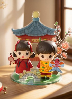 卡通唐装小朋友手办潮玩新年装饰