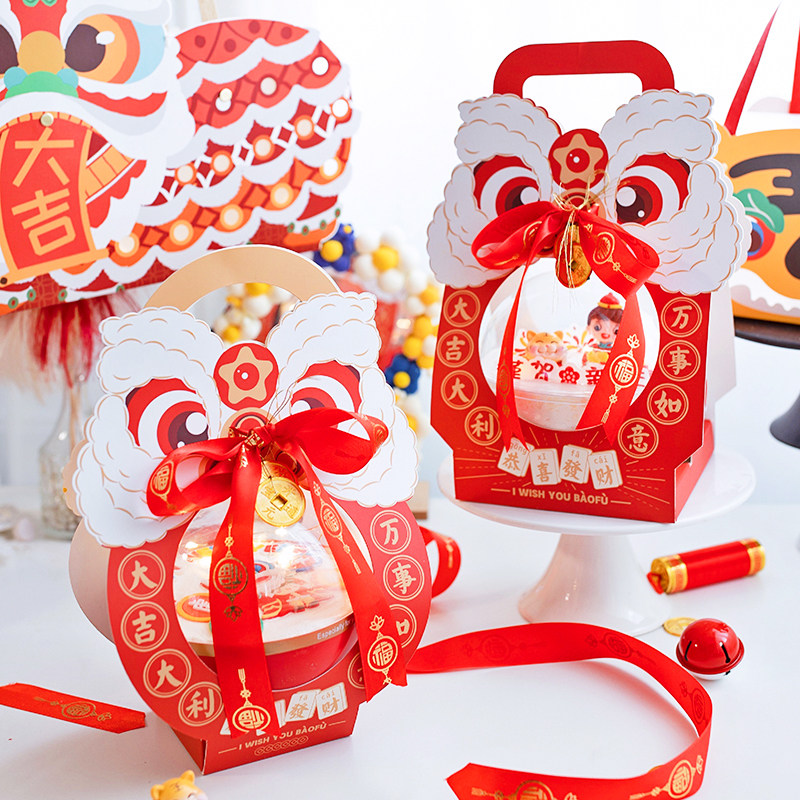 2024新年舞狮慕斯球手提年货包装红金灯笼丝带抱抱桶蛋糕装饰插件
