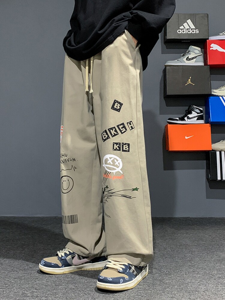일본 낙서 작업복 남성 여름 얇은 유행 브랜드 지방 대형 캐주얼 바지 스트레이트 루즈 와이드 레그 팬츠