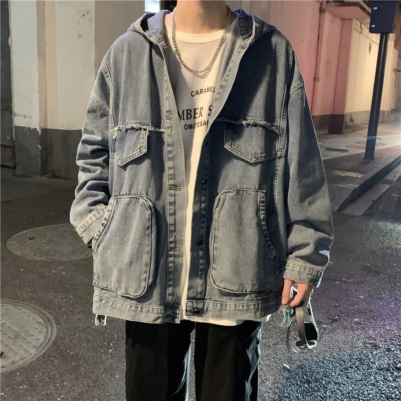 후드 데님 재킷 남성 한국 스타일 트렌디 브랜드 코트 루즈한 가을 탑 인터넷 연예인 홍콩 스타일 재킷 트렌디 인