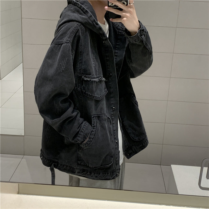 후드 데님 재킷 남성 한국 스타일 트렌디 브랜드 코트 루즈한 가을 탑 인터넷 연예인 홍콩 스타일 재킷 트렌디 인