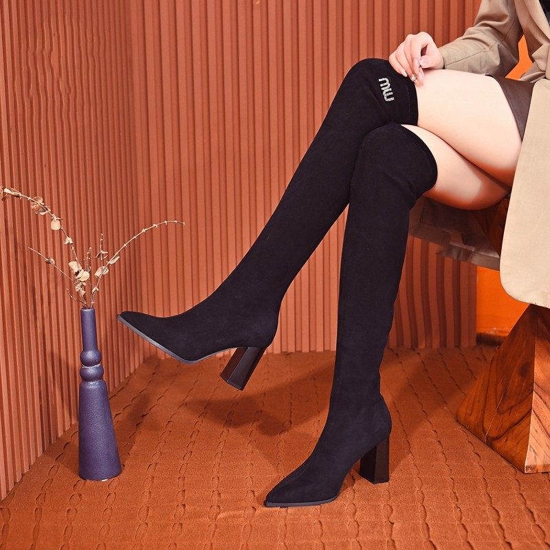 黑色弹力靴女2025年秋冬新款时尚尖头过膝长靴高跟粗跟瘦腿靴网红,女鞋,弹力靴/袜靴,淘宝优惠券,粉丝福利购,淘宝优惠卷
