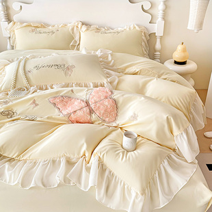 公主风立体刺绣床上四件套裸睡纯棉床单被套床上用品 首单直降