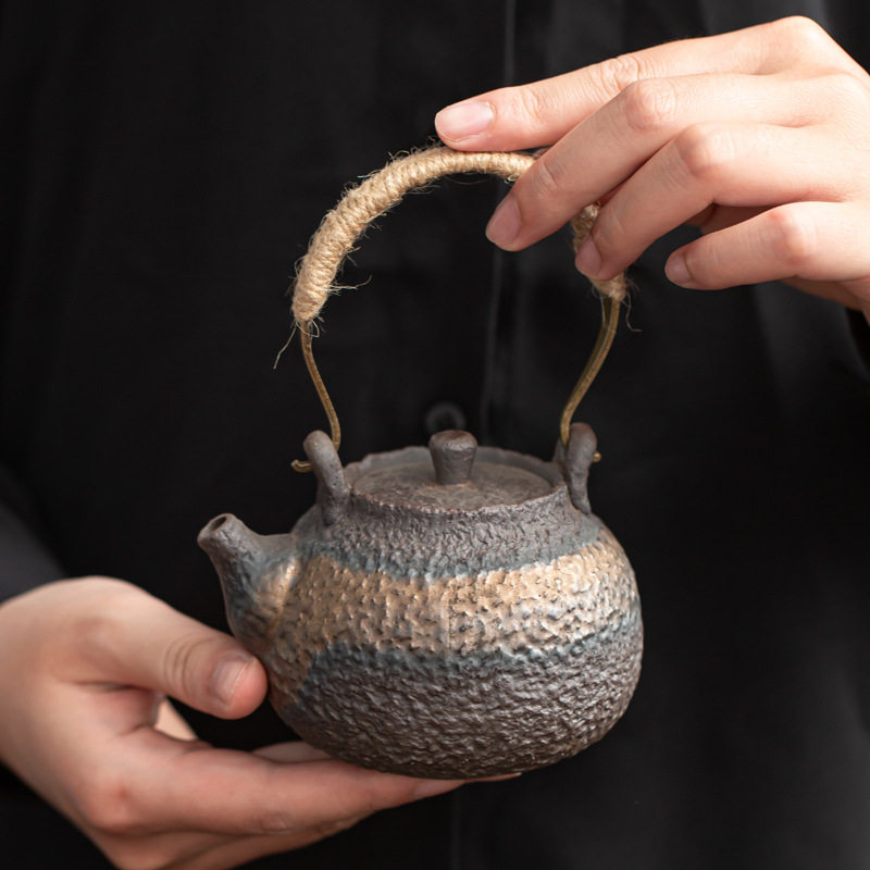 古早烧提梁壶陶瓷功夫茶壶手工复古锤纹粗陶茶具西施小茶壶单壶