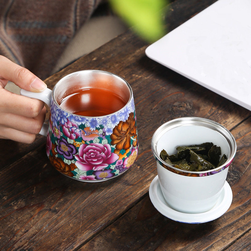 纯银陶瓷个人水杯鎏银过滤带盖茶杯茶具办公室泡花茶杯子喝茶水杯