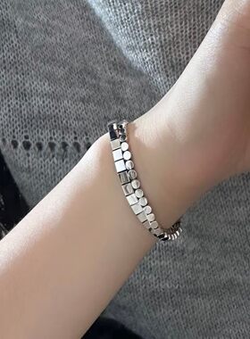 通体S925银简约方块手链做旧款