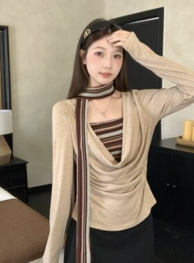 实拍 大码女装秋冬新款复古条纹撞色假两件荡领飘带修身显瘦上衣