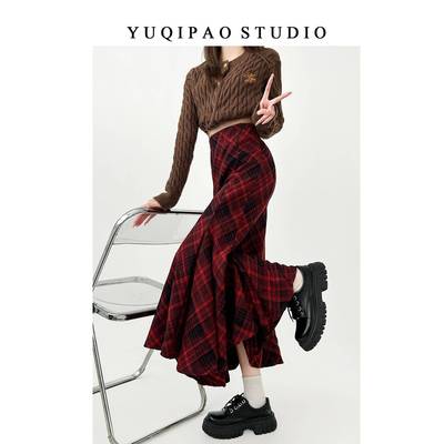 毛呢格纹半身裙女2024秋冬复古红色高腰a字鱼尾摆长款格子长裙子