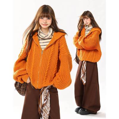 AONW秋冬南瓜橘色麻花毛衣女连帽针织衫宽松慵懒感纯色多巴胺毛衫