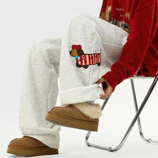 腊肠小狗植绒加绒加保暖棉裤女冬季松紧腰宽松休闲直筒白花灰卫裤