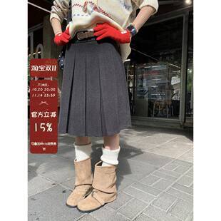 馨帮帮 梨形伯克利裙子女秋冬学院风A字短裙灰色毛呢百褶半身裙