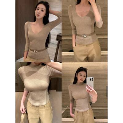 不冷BULENG 33羊毛多色中袖小高领/v领针织衫女简约百搭上衣