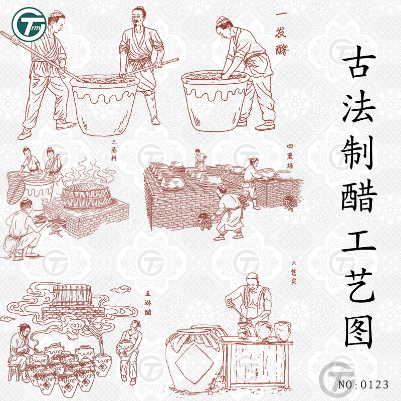 传统制醋工艺流程设计素材古法食醋酿造文化包装图形插画线稿辅助