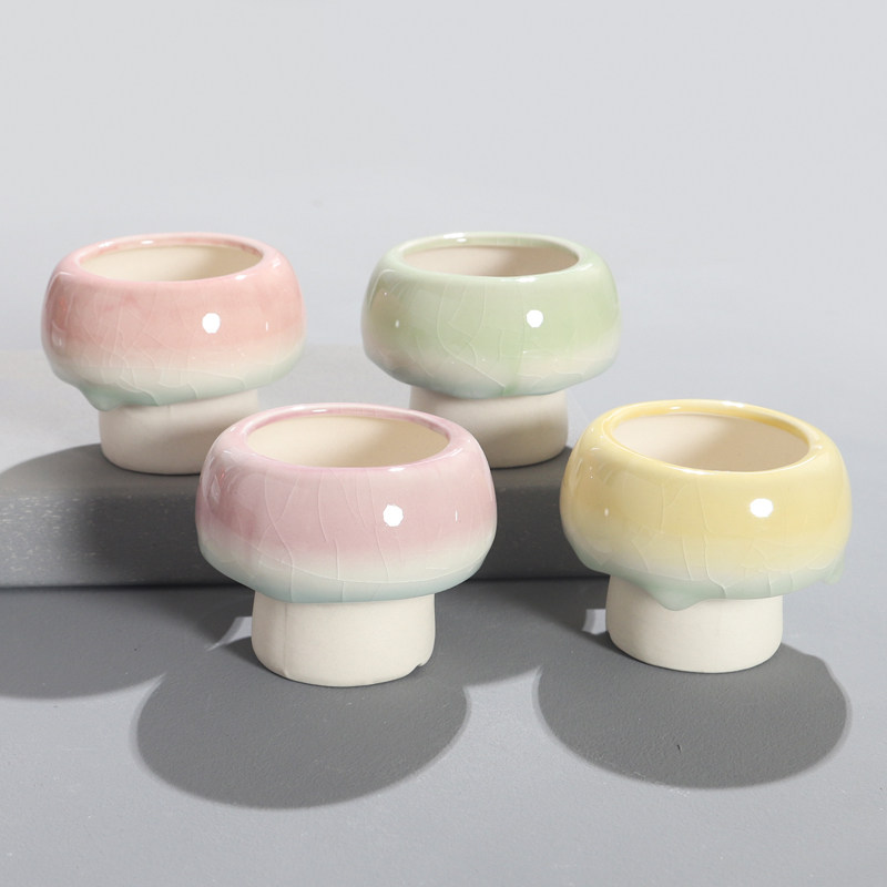 小蘑菇多肉花盆陶瓷创意开片冰裂釉粗陶糖果色简约小口径可爱清新