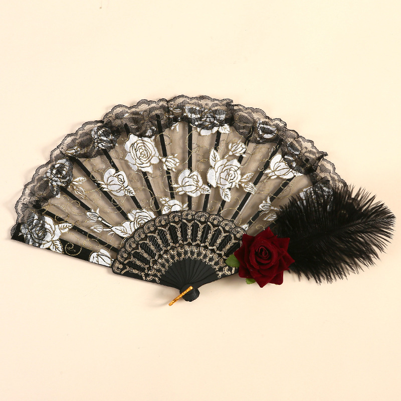 蕾丝羽毛扇古风华丽欧式玫瑰折扇lolita暗黑漫展旗袍cos拍照道具