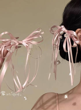 超仙粉色铃兰花蝴蝶结丝带发夹女氛围感鸭嘴夹温柔气质侧边夹发饰