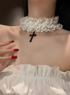 双层蕾丝十字架松紧蕾丝花边腿环项链choker哥特古早味蕾丝颈圈