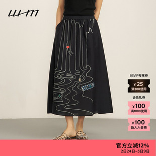 【新品】素然WHM 夏季女士复古设计感气质印花丝棉抽褶半裙