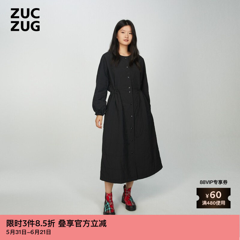 ZUCZUG 素然秋季女士休闲气质薄弹尼龙格型绗缝收腰黑色长外套