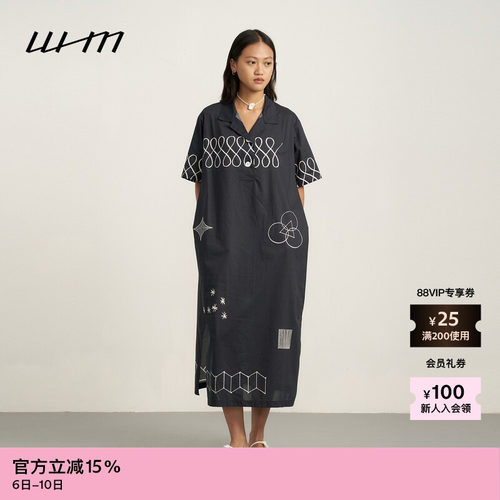 WHM印花薄棉布衬衫领短袖连衣裙