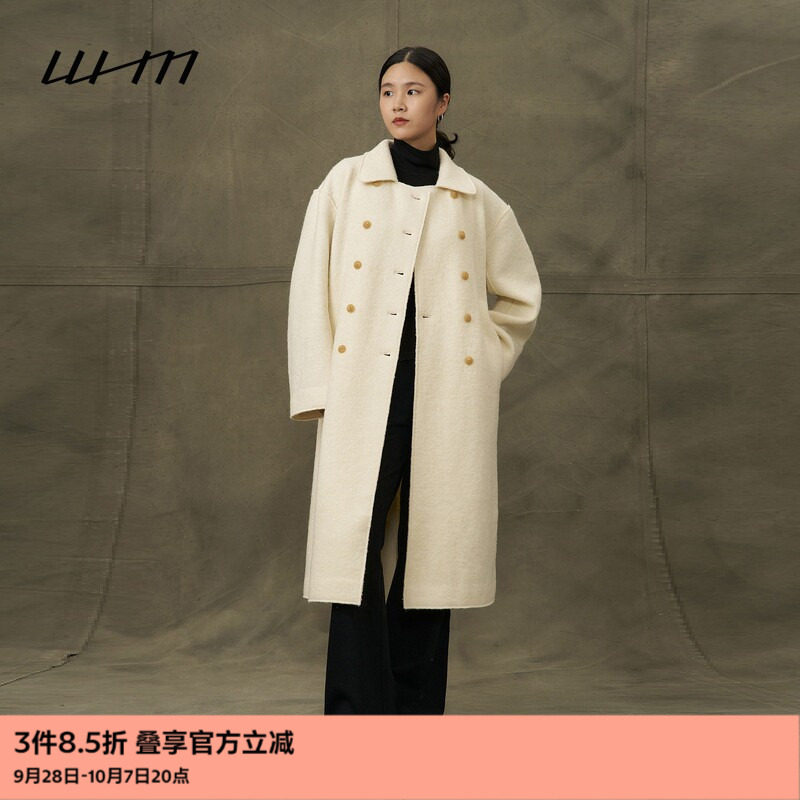 WHM纹理针织呢双排扣翻领大衣