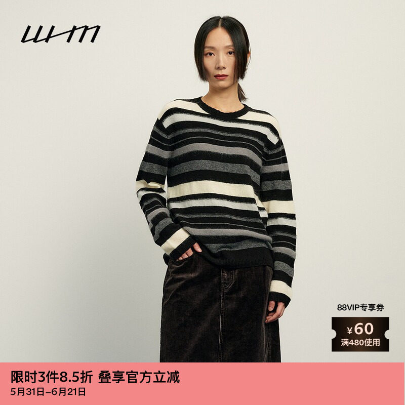 素然WHM 秋季女士黑色横条纹毛圈针织圆领套头针织衫