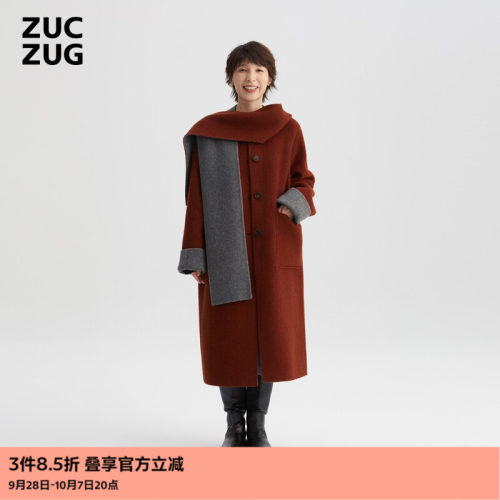 ZUCZUG羊驼羊毛休闲带帽长外套