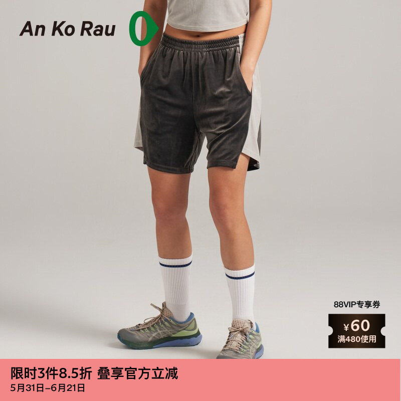 素然AnKoRau 安高若夏季女士柔软舒适涤纶丝绒黑色宽松休闲裤短裤