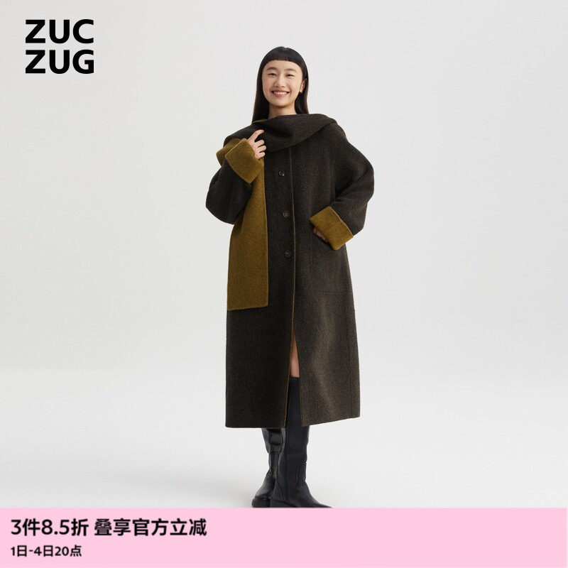 ZUCZUG 素然秋冬女士安可拉红羊毛双面呢带帽长大衣
