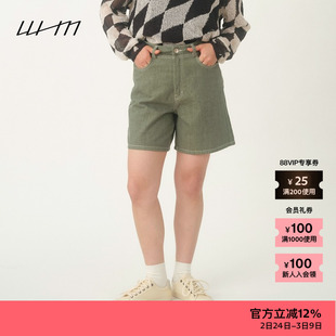 素然WHM 春夏女士气质复古时髦出街百搭帅气斜纹厚实棉麻牛仔短裤