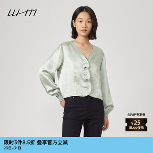 轻便优雅设计感纹理醋酸V领短外套开衫 女士泡泡袖 春季 素然WHM