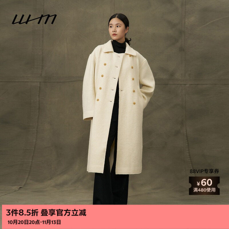 WHM纹理针织呢双排扣翻领大衣