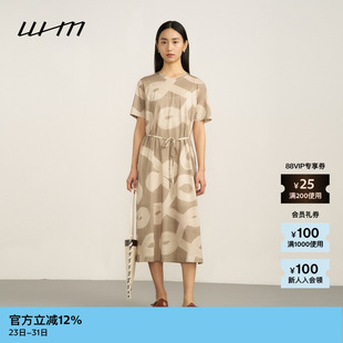 夏季 素然WHM 女士复古光泽针织布印花系带连衣裙 新品