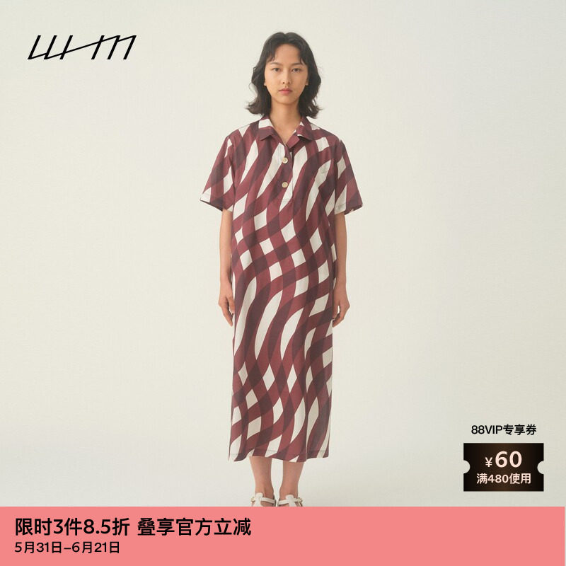 素然WHM 夏季女士摩登复古气质百搭印花薄棉布短袖衬衫连衣裙