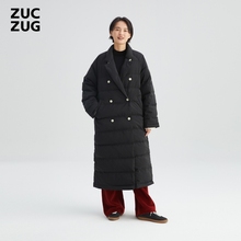 ZUCZUG 素然秋季女士尼龙布西装领长款黑色羽绒服