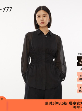 素然WHM春夏女士复古薄棉纱绣花抽皱设计收腰黑色轻薄衬衫