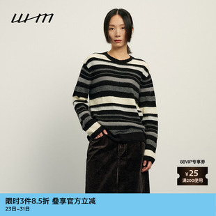 女士黑色横条纹毛圈针织圆领套头针织衫 素然WHM 秋季