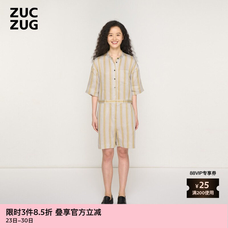 ZUCZUG夏季女士素然休闲宽松莱赛尔麻复古条纹休闲五分袖连体短裤